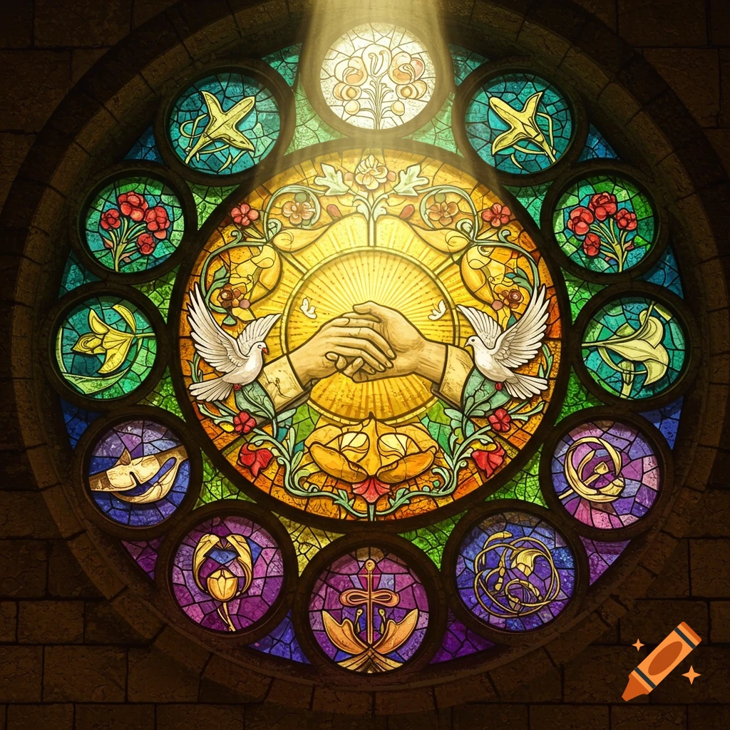 A vibrant circular stained glass window depicting two clasped hands, two white doves, and various symbolic patterns, with light shining from above.