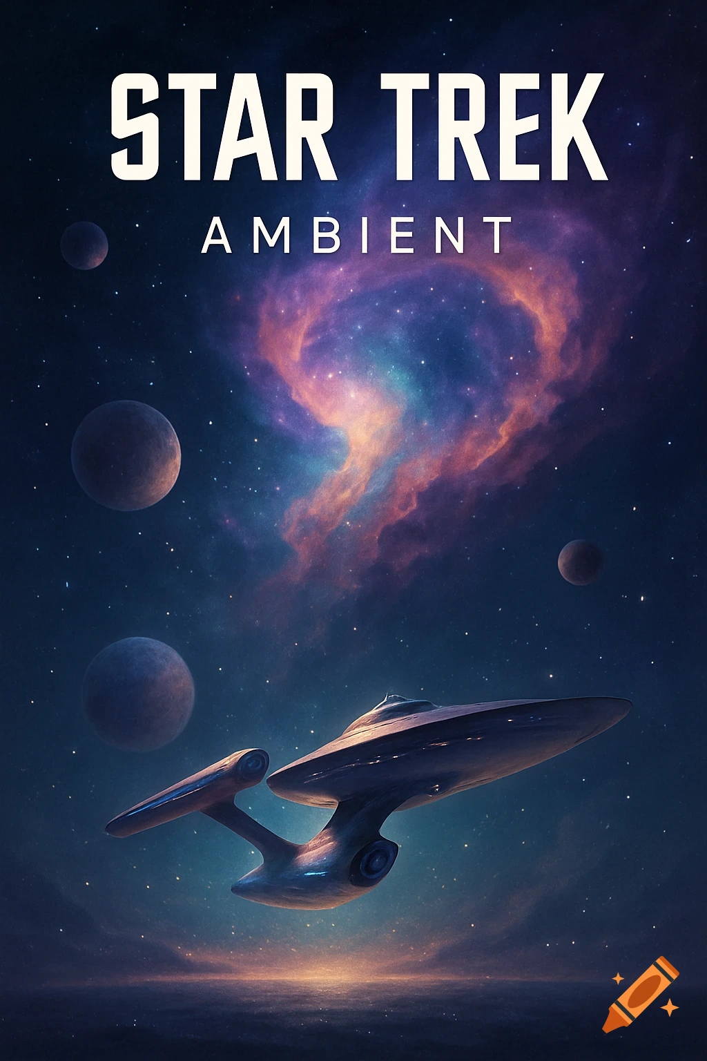 A Star Trek-style spaceship flies through space with planets and a colorful nebula. Text reads "STAR TREK AMBIENT".