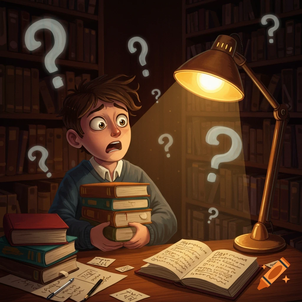 A cartoon boy with a worried expression holds a stack of books, surrounded by more books and papers on a desk under a desk lamp, with question marks floating around him in a library setting.
