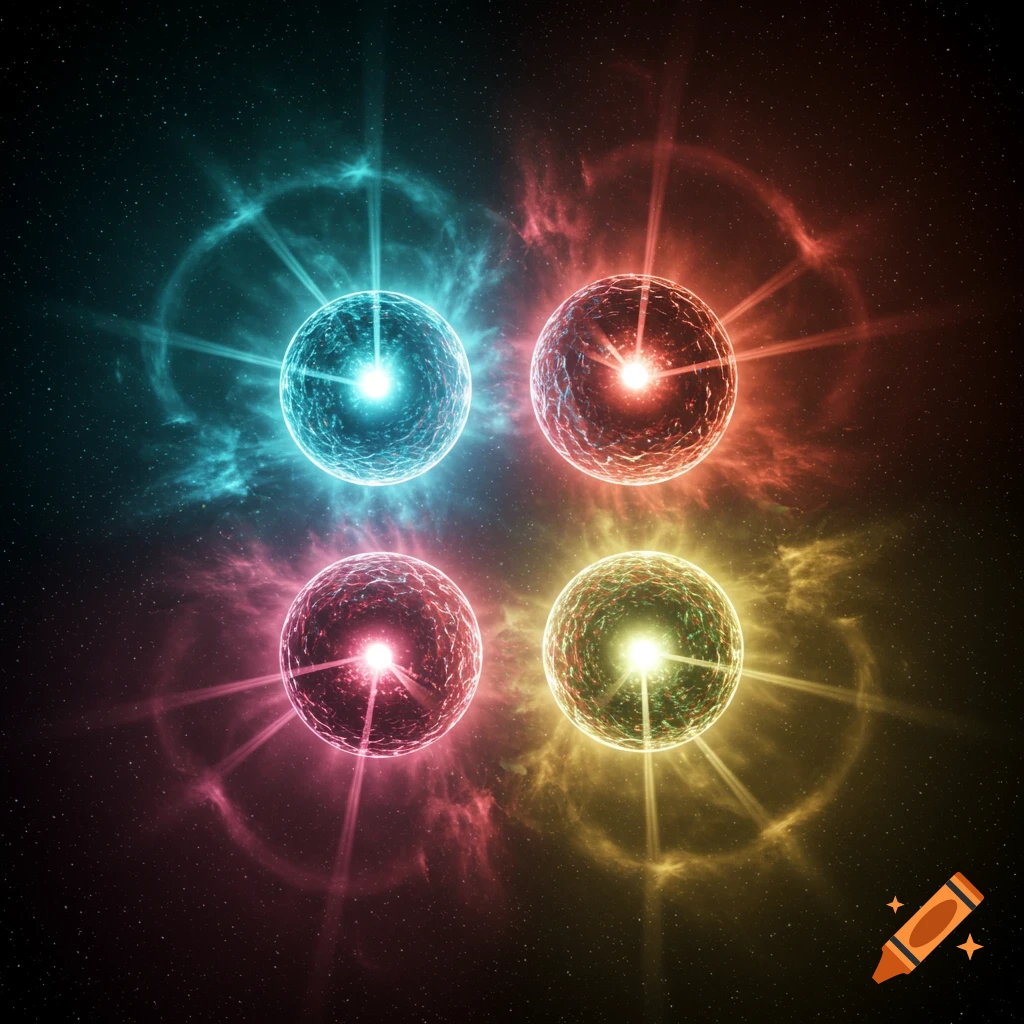 Four colorful glowing orbs with emanating light rays and nebulae against a starry space background.