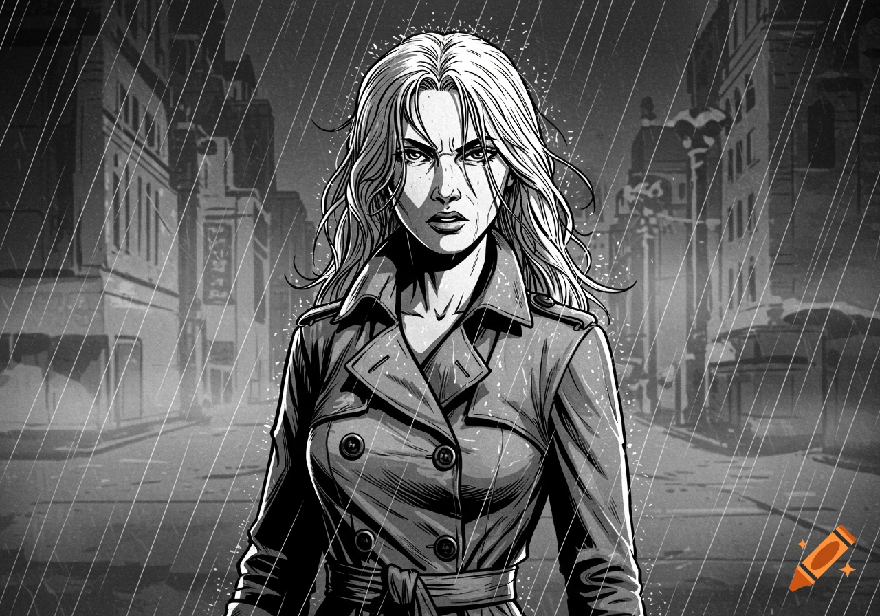 A stern woman with long hair in a trench coat stands in a rainy, black and white comic book city street.