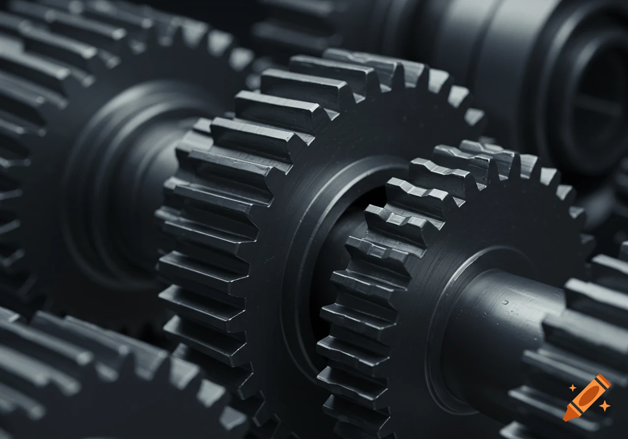 Close-up of interlocking metal gears, rendered in a monochromatic style with sharp detail.