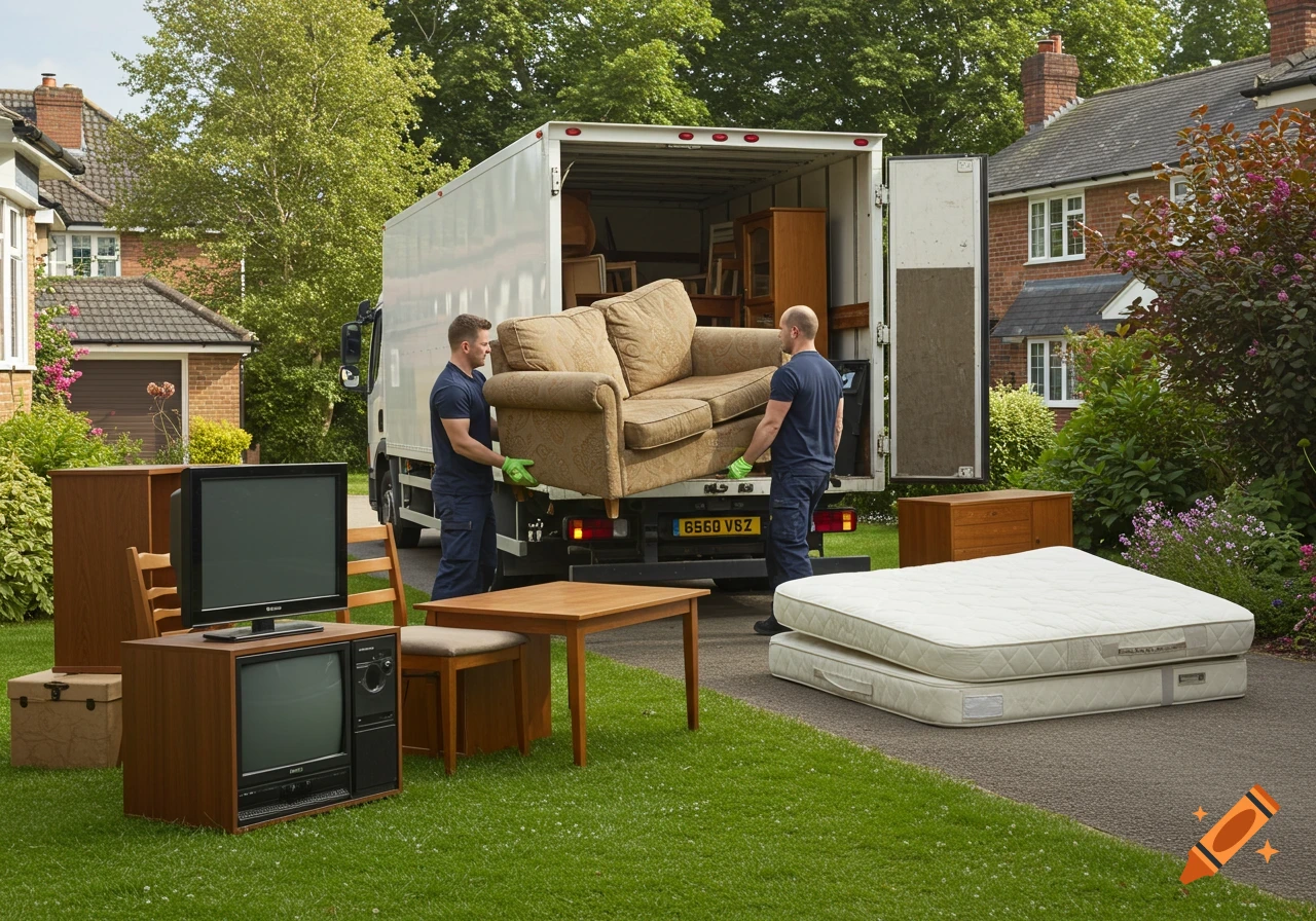 Two movers load a large sofa into a white moving truck in a suburban driveway, surrounded by household furniture and mattresses.