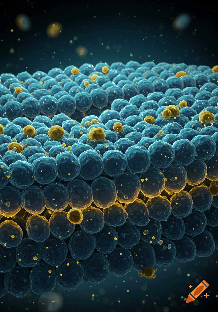 Microscopic view of blue cells forming a surface, with smaller yellow spherical particles scattered across them, against a dark background.