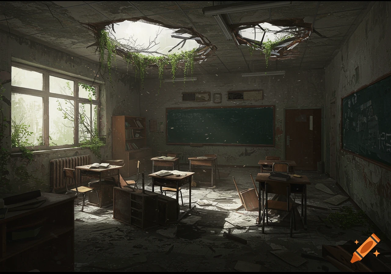A ruined, overgrown classroom with debris on the floor, desks askew, broken ceiling, and vines growing through windows.
