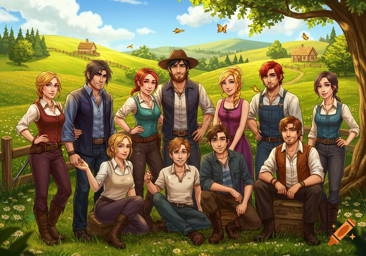 A group of diverse young adults, styled as farmers, pose together in a bright, green countryside landscape with rolling hills and distant houses.