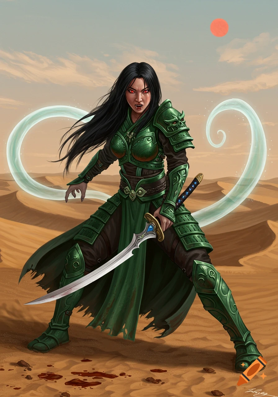 Female vampire warrior in green armor with long black hair, red eyes, and fangs, holding a sword in a desert under a red sun.