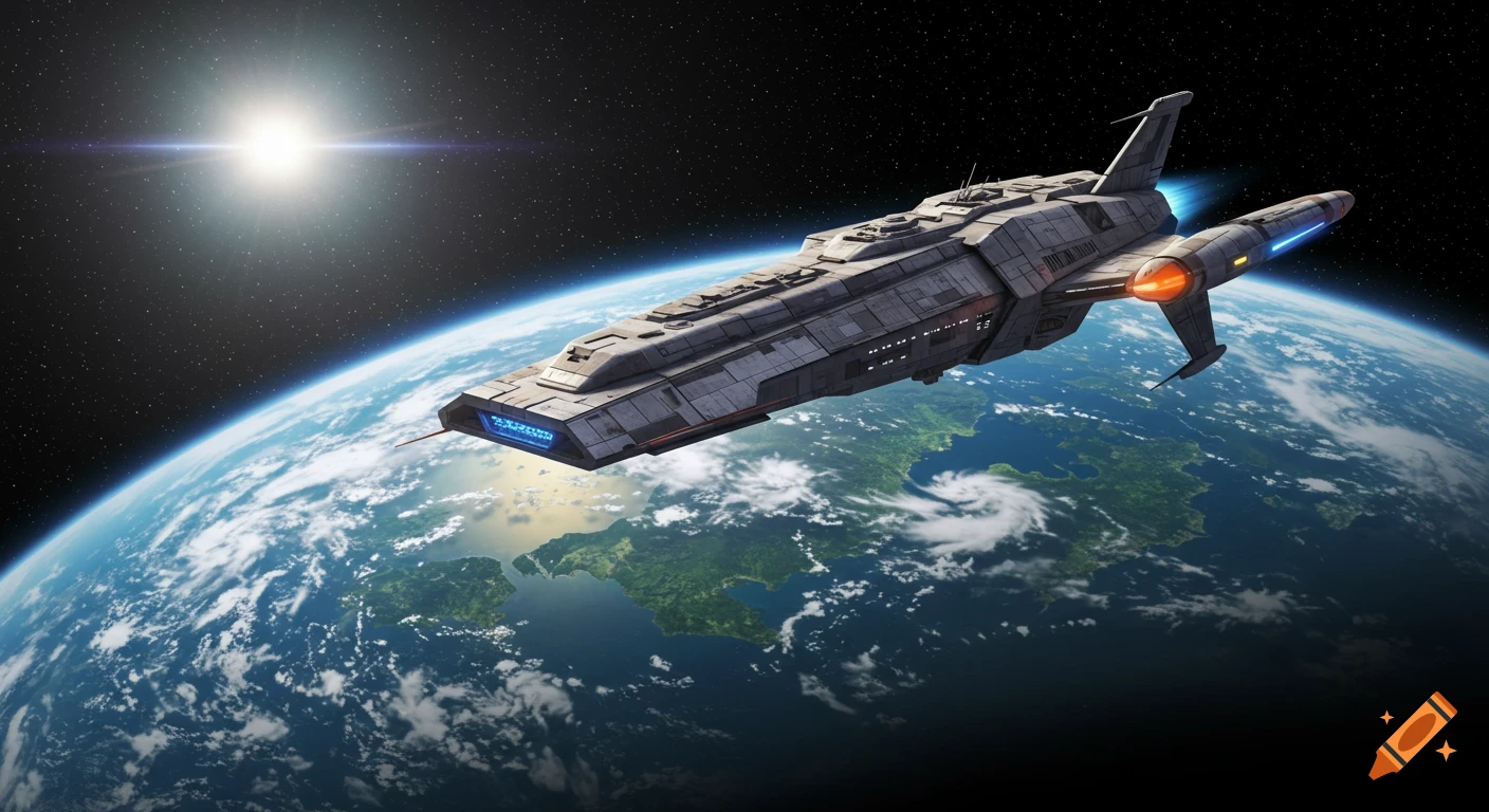 A large grey spacecraft with glowing blue and orange engines orbits a vibrant blue and green planet, with a bright sun in the dark, star-filled sky.