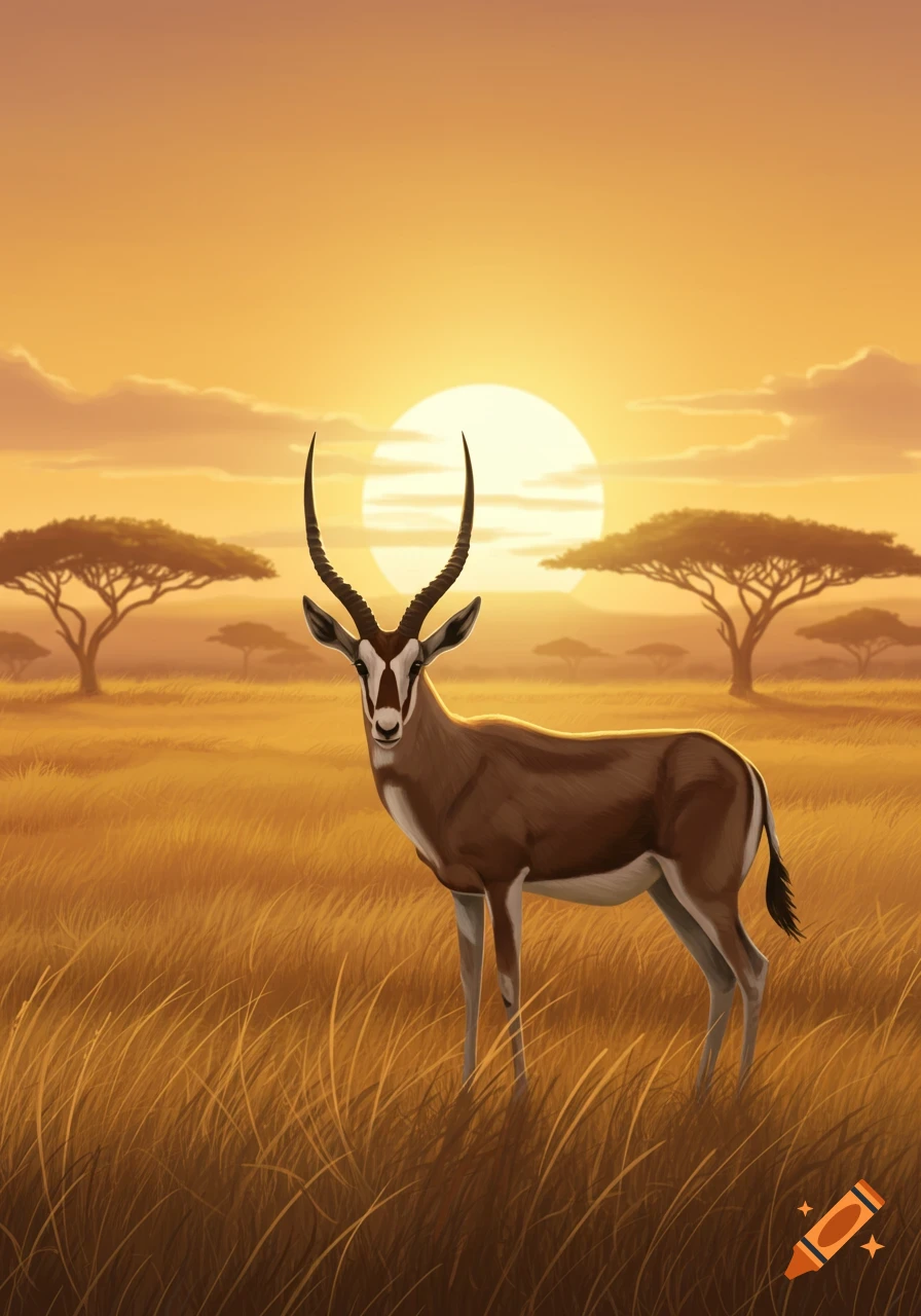 An illustrated antelope stands in a golden savanna at sunset, surrounded by tall grass and acacia trees.