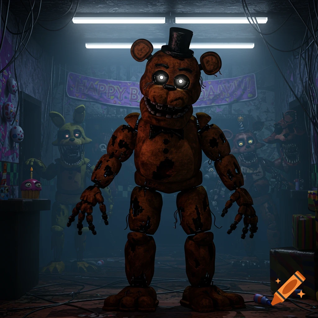 Freddy Fazbear, Bonnie, and Foxy animatronics with glowing eyes in a dark, dilapidated party room with a 'Happy Birthday' banner.