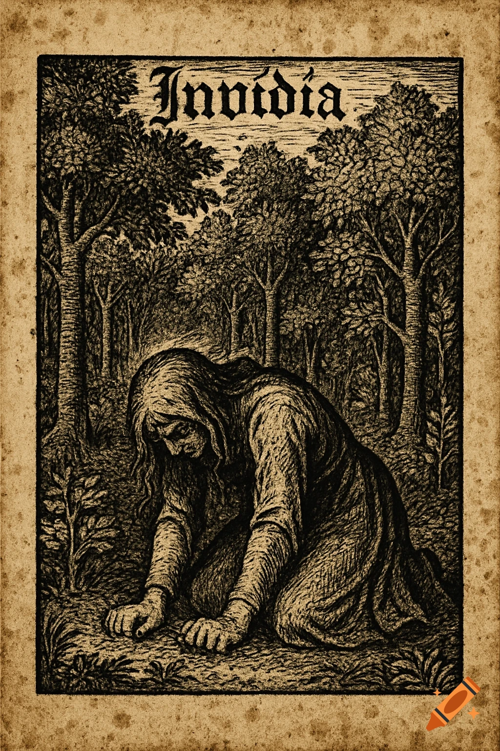 A monochrome woodcut illustration of a cloaked woman kneeling in a forest, head bowed in despair, with the word "Invidia" at the top.