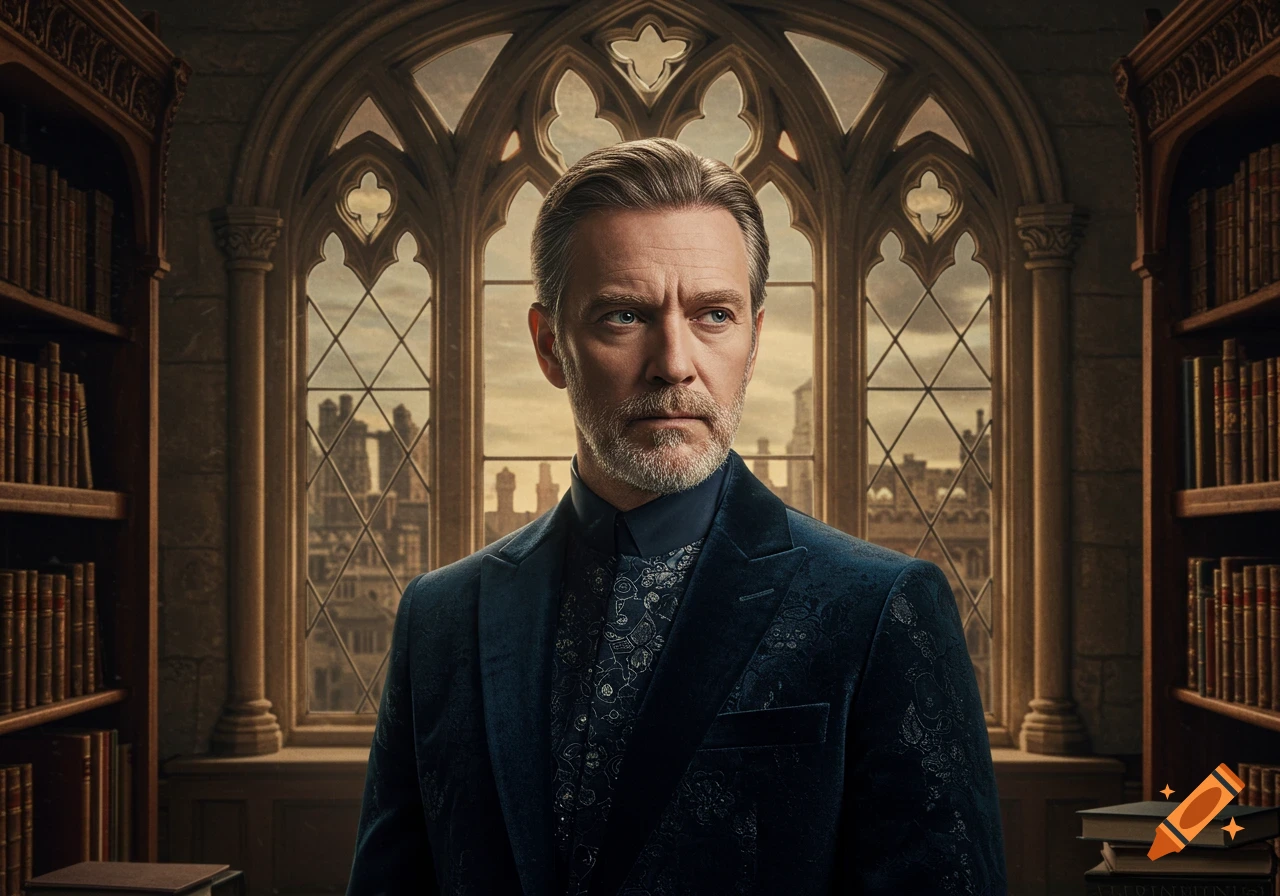 A distinguished man in a dark blue velvet suit stands in a grand library before a gothic arched window with city views.