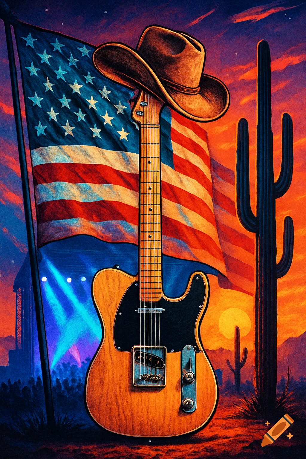 A stylized painting of a Telecaster guitar with a cowboy hat, an American flag, cacti, and a concert stage at sunset.