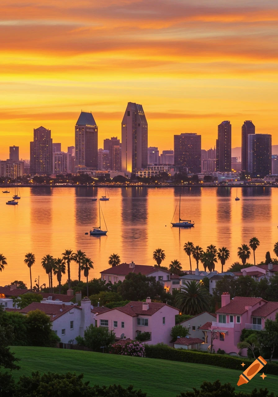 Photorealistic image of the San Diego skyline at sunset with sailboats on the bay and houses with palm trees in the foreground.