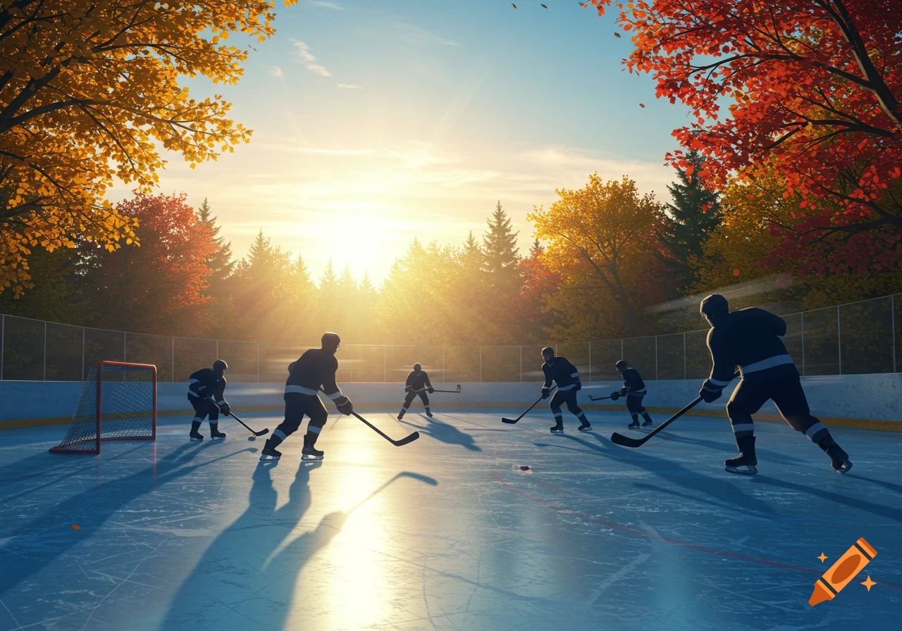 Ice hockey players on an outdoor rink surrounded by vibrant autumn trees under a bright, sunny sky.