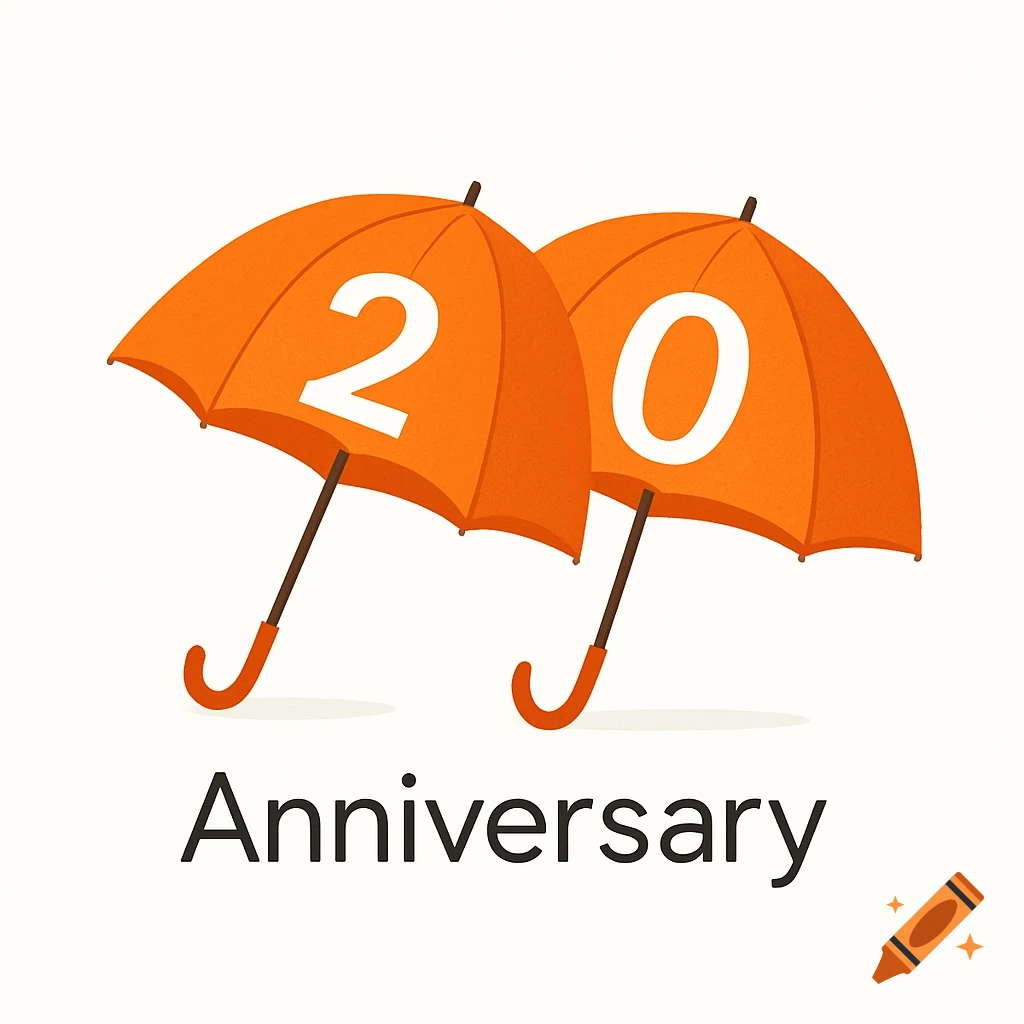 Two orange umbrellas with white numbers '2' and '0' forming '20', above the word 'Anniversary'. Logo illustration.