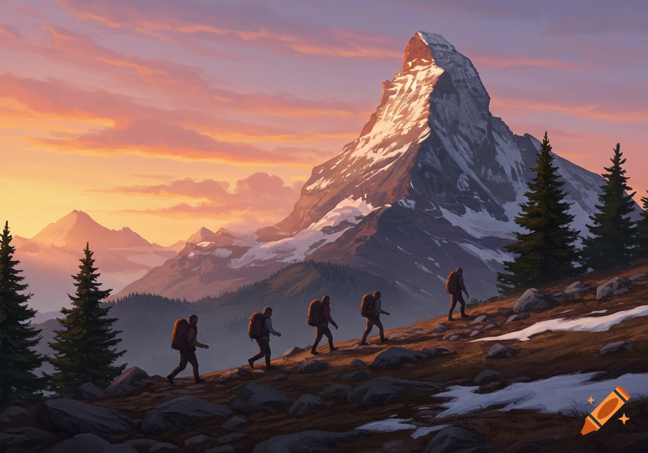 Illustrated painting of five hikers ascending a rocky mountain trail towards a snowy peak during a vibrant sunrise.