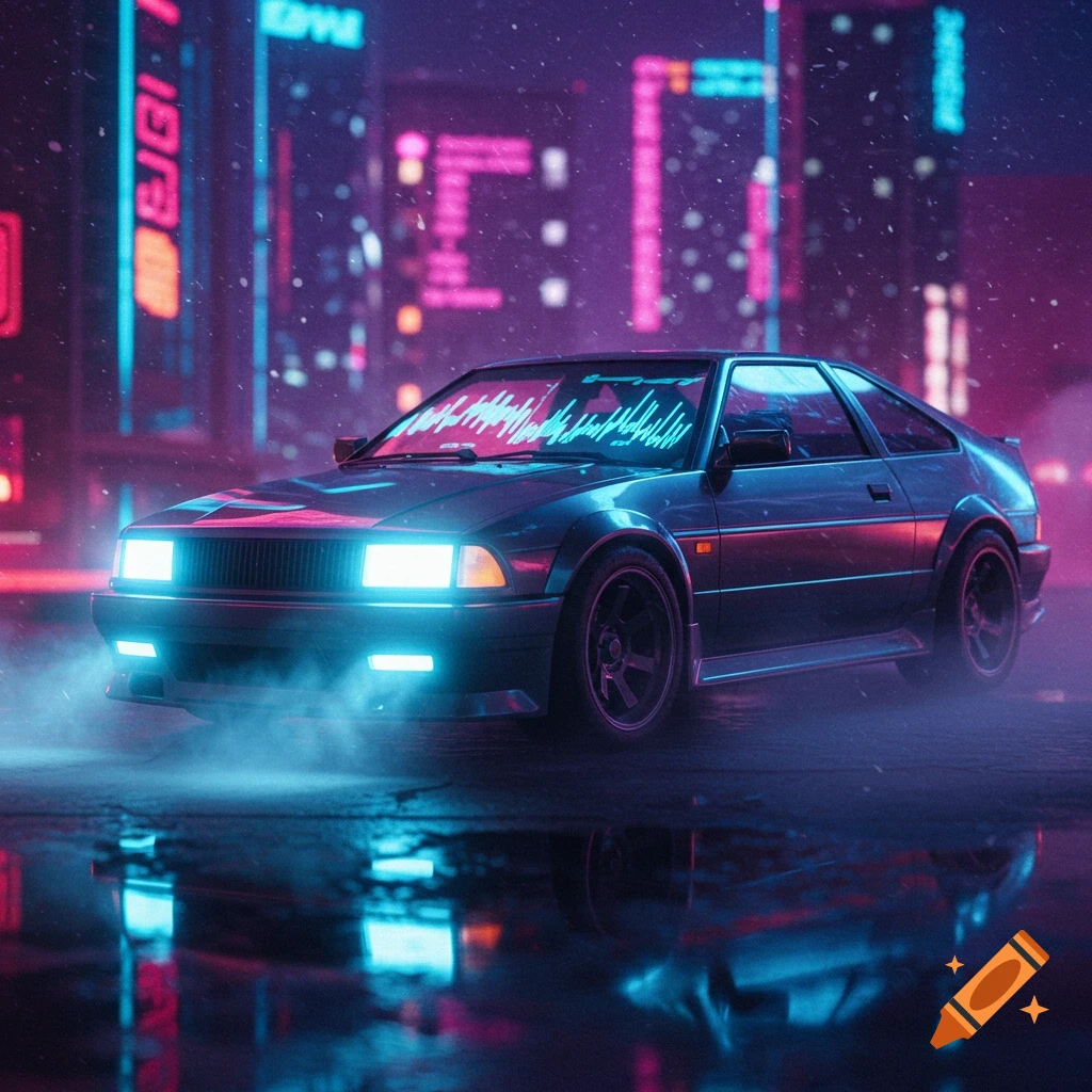 Retro-futuristic car with neon lights on a wet city street at night, reflecting vibrant pink and blue cyberpunk buildings.