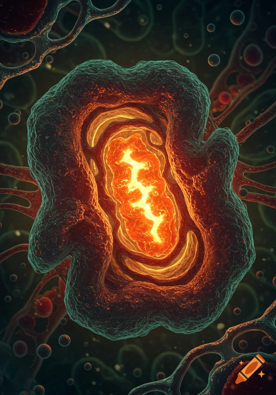 A detailed, glowing microscopic organism or cell with a dark green and red exterior and a bright orange, lightning-like core.