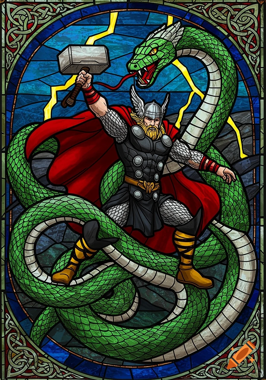 Thor battling the Midgard Serpent in a vibrant stained glass artwork.