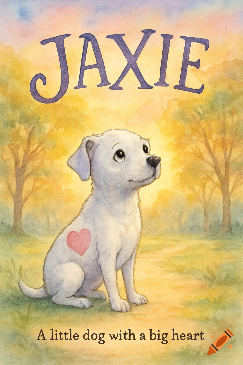 Watercolor children's book cover 'JAXIE' featuring a white puppy with a pink heart sitting in a park at sunrise. Subtitle: 'A little dog with a big heart.'