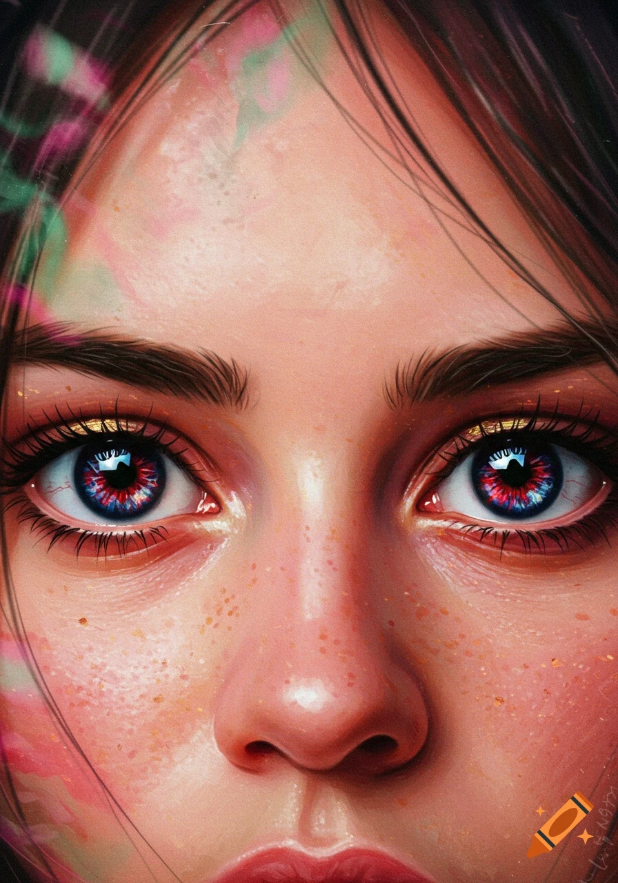 Close-up digital painting of a face with vibrant blue and red eyes, golden eyeshadow, freckles, and colorful artistic blurs.