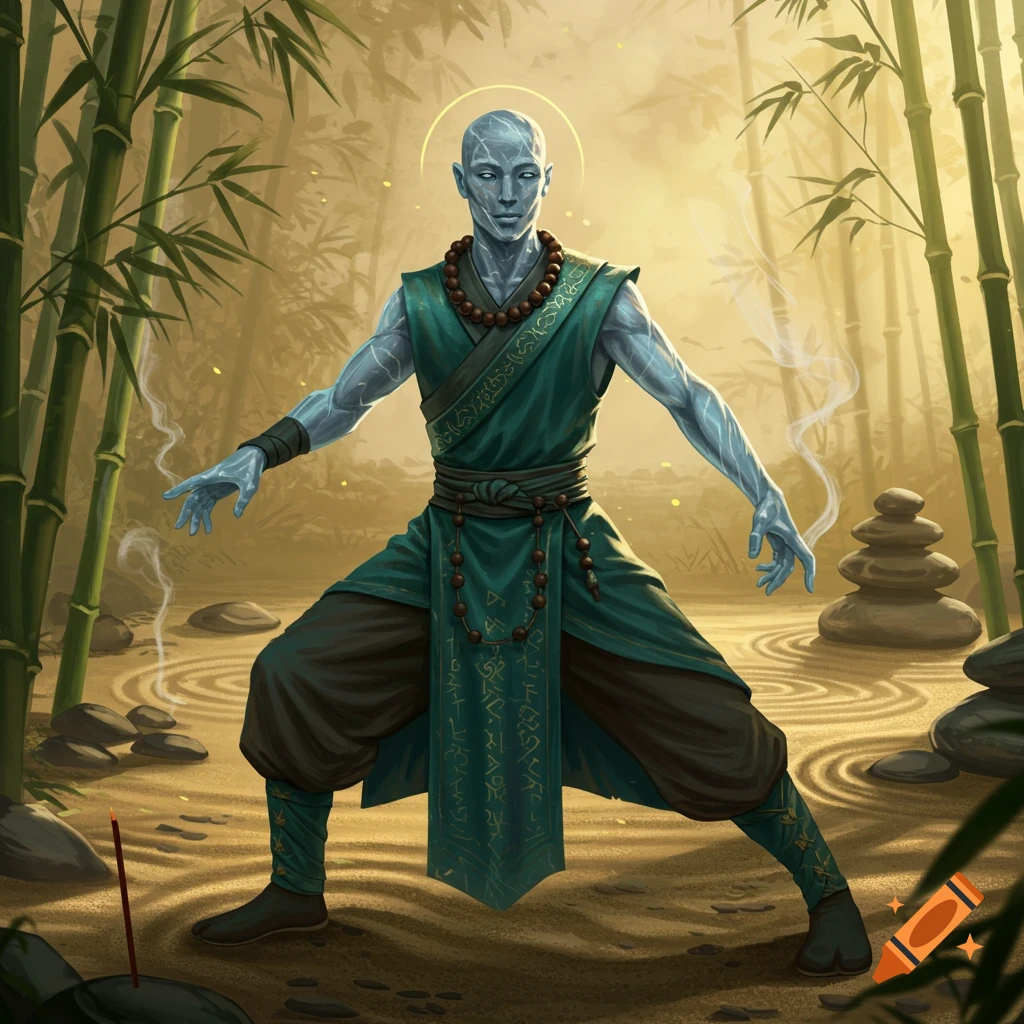 Fantasy art of a bald, blue-skinned monk in teal robes in a striking pose amidst a bamboo garden with raked sand and incense.