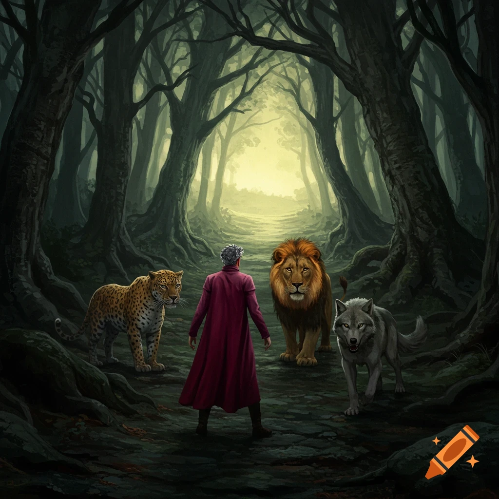 A man in a red cloak stands in a dark, gnarled forest, confronted by a leopard, a lion, and a wolf, with a bright, hopeful path in the distance. Dramatic fantasy art.