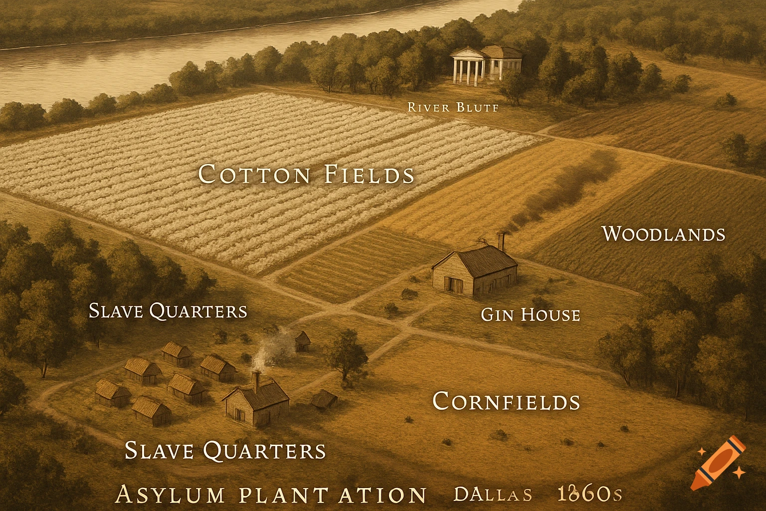 Aerial map of an 1860s plantation, featuring cotton fields, cornfields ...