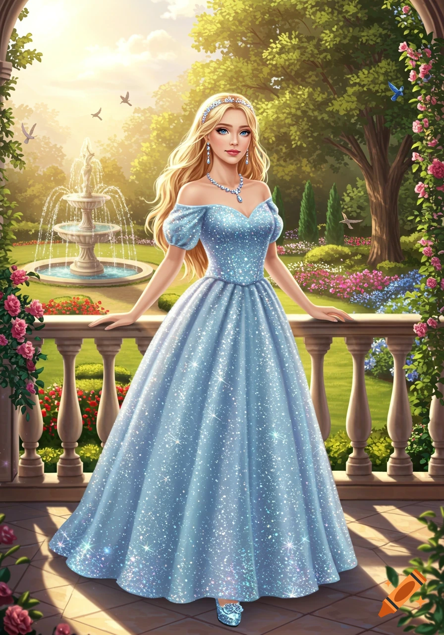 An illustration of a princess in a sparkling blue ballgown and tiara on a castle balcony overlooking a garden with a fountain.