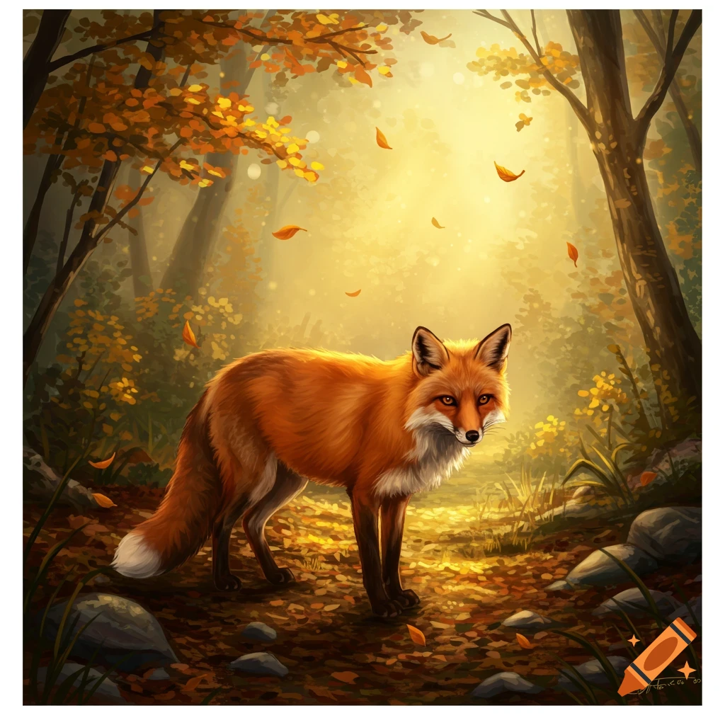 A vibrant red fox stands in a sunlit autumn forest with orange leaves ...