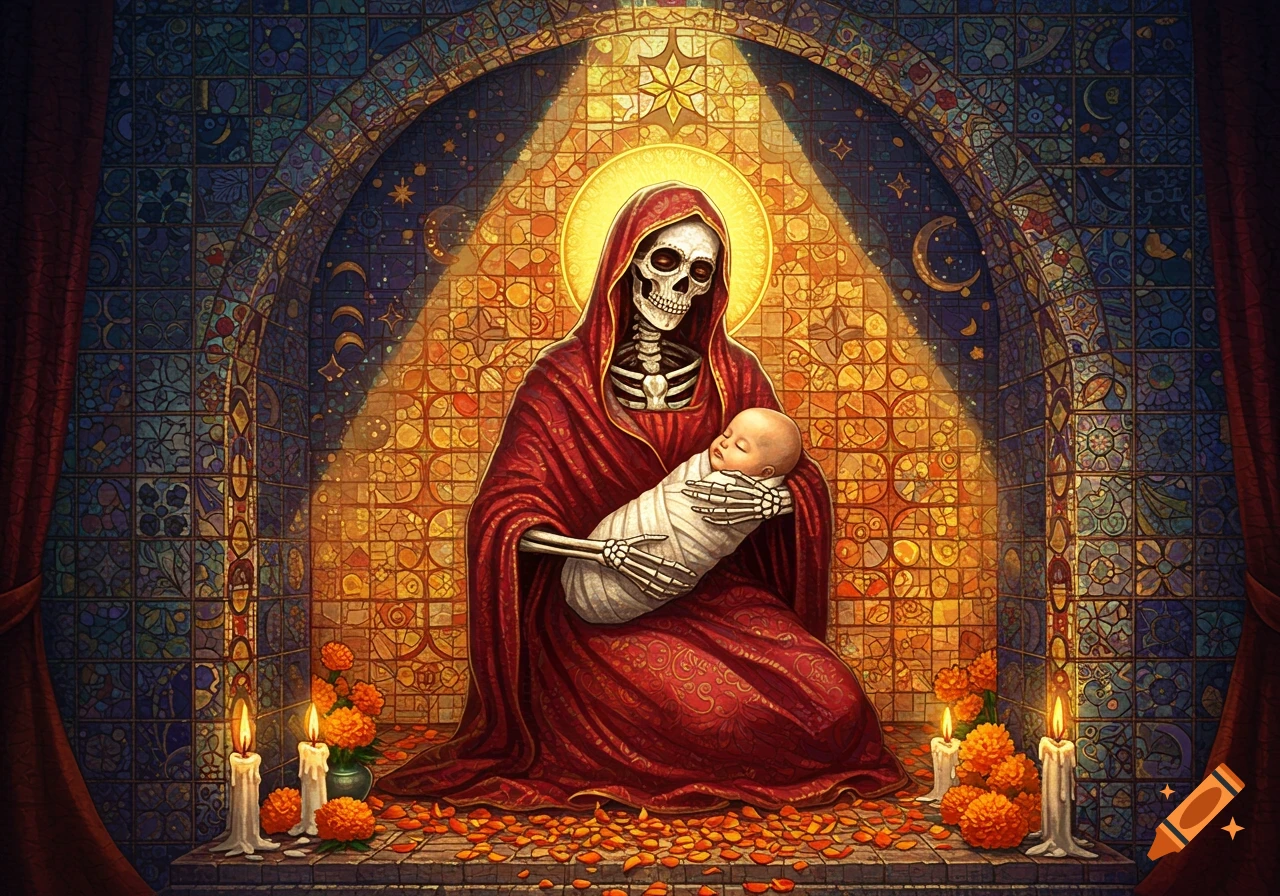 A skeleton figure in a red robe holding a swaddled baby, depicted in a mosaic stained glass shrine with candles and flowers.