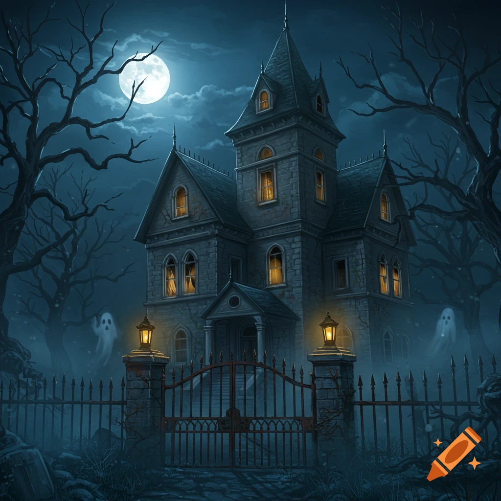 Illustrated spooky haunted house at night under a full moon, with an iron gate, bare trees, and two faint ghosts.