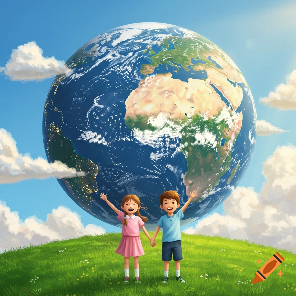 A cheerful illustrated girl and boy hold hands and wave on a grassy hill in front of a large Earth globe under a blue sky.