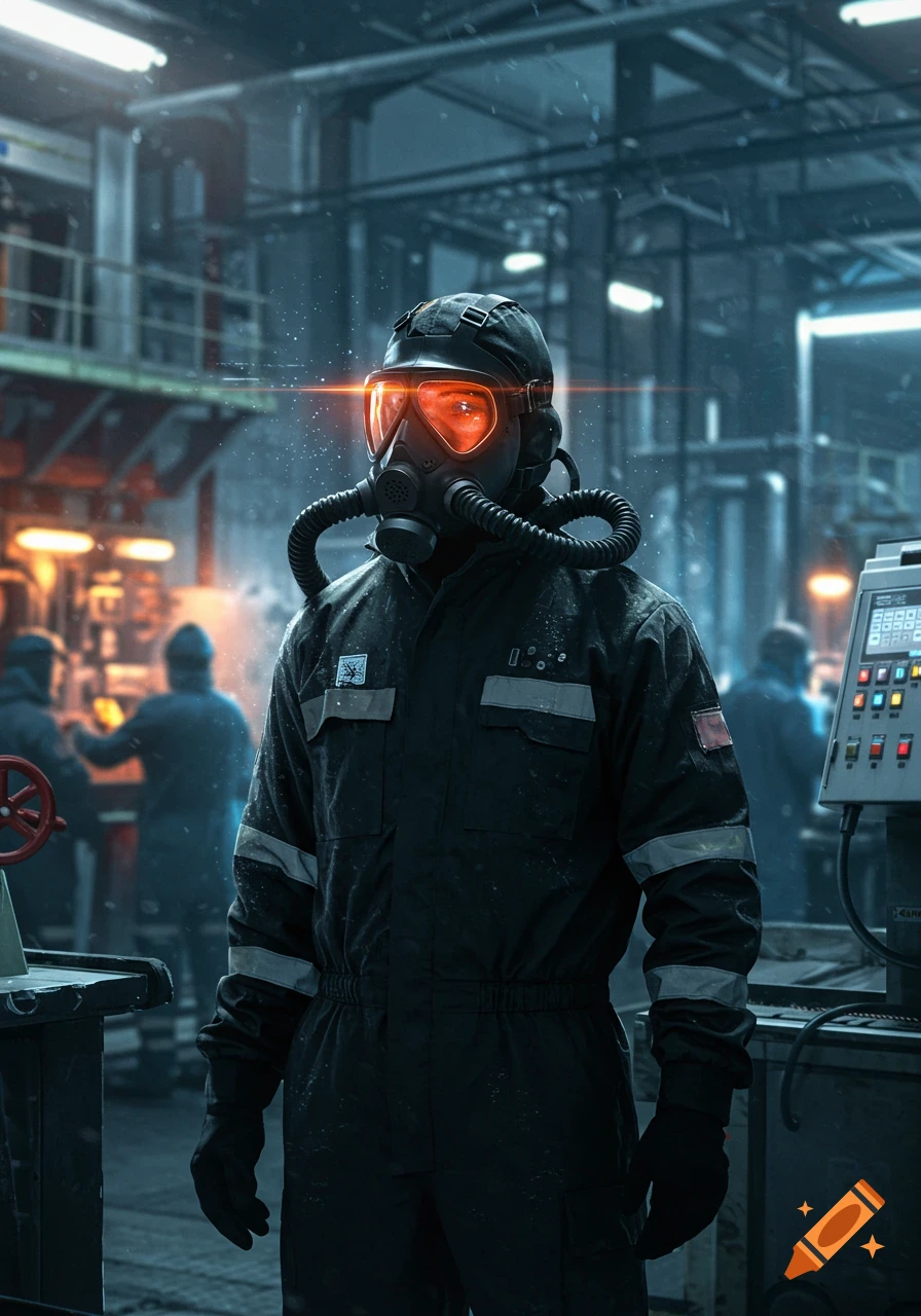 A worker in a dark uniform and a gas mask with glowing red goggles stands in a dimly lit industrial facility.