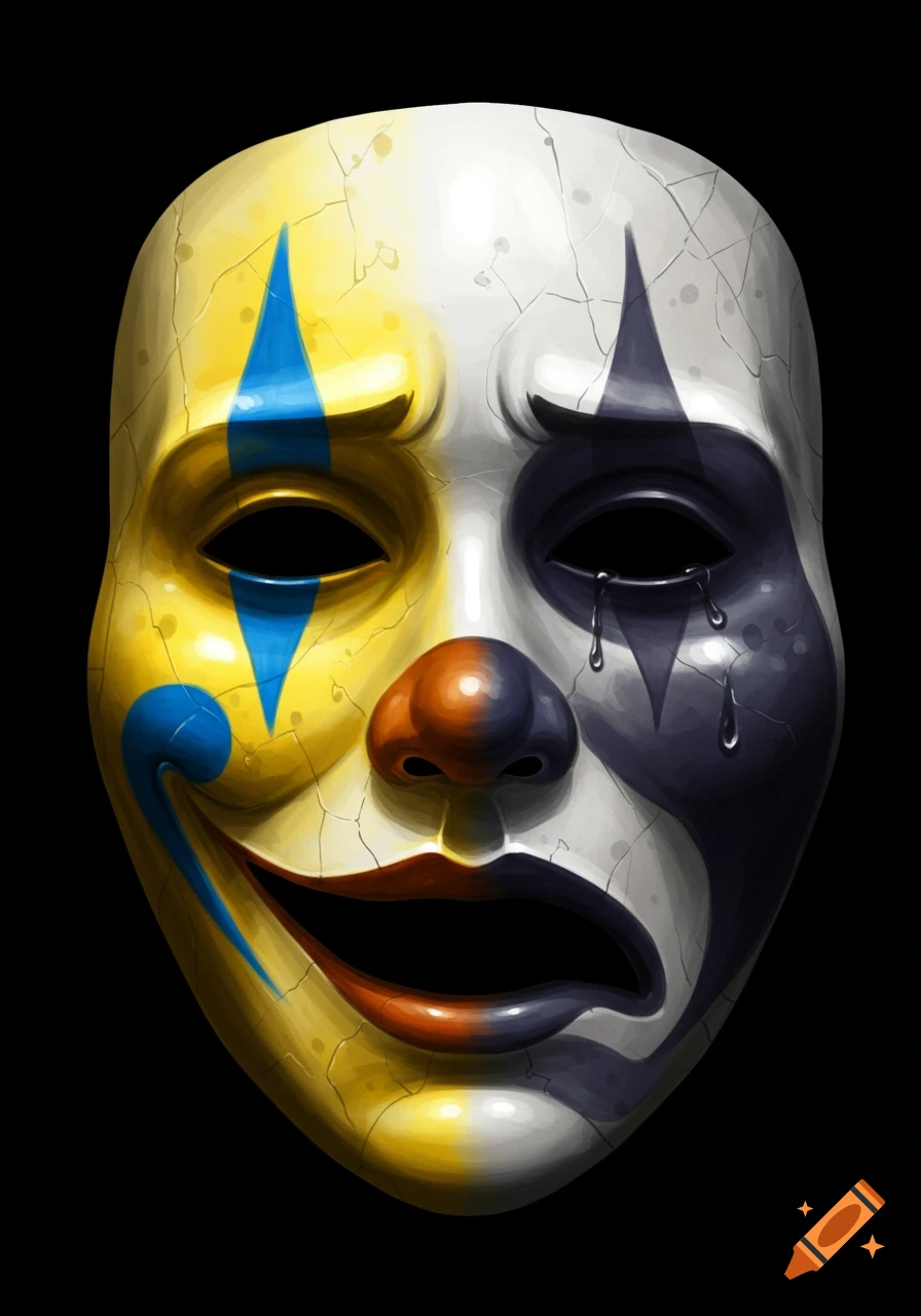 A cracked, two-faced clown mask, smiling in yellow and blue, crying in white and dark blue, on a black background.