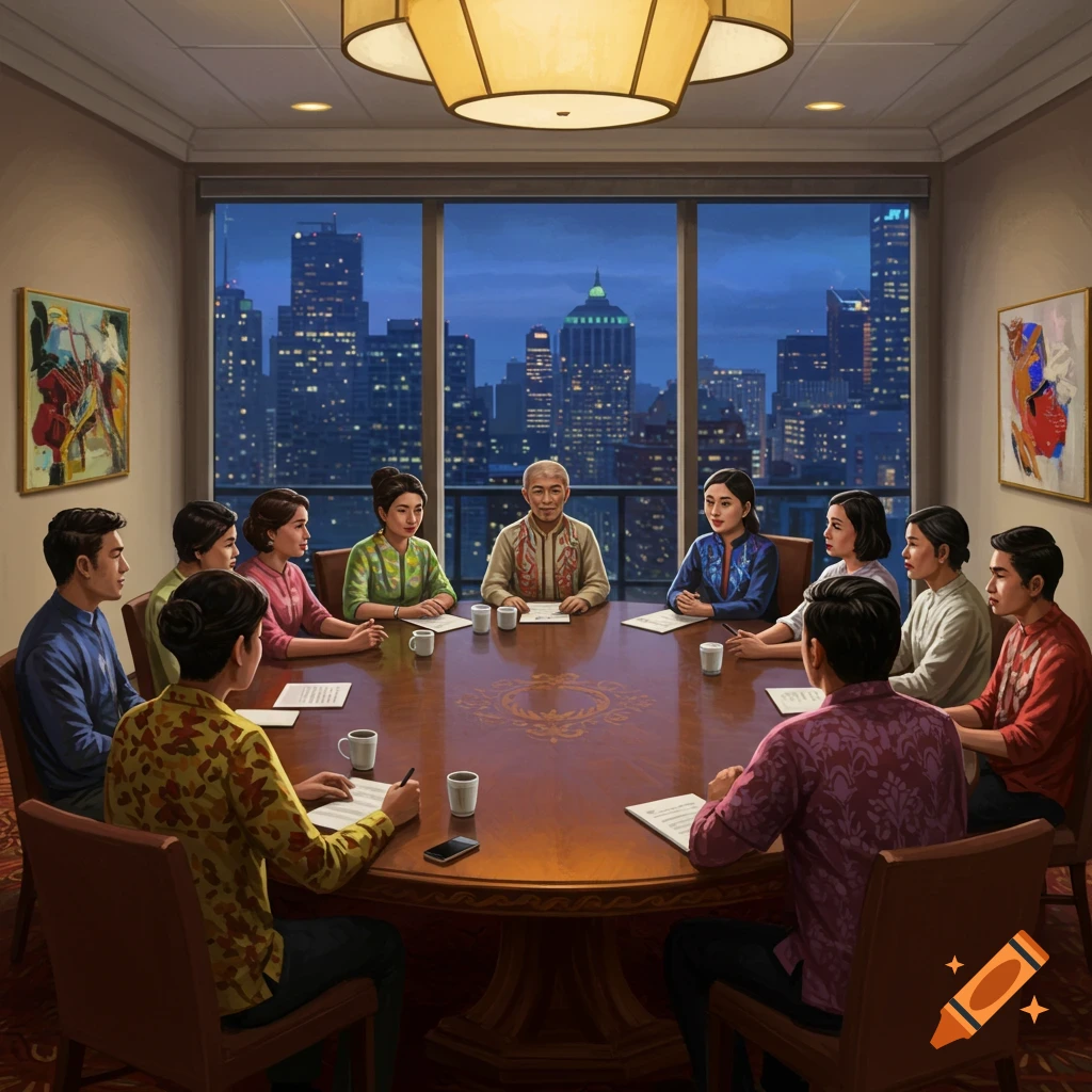 People in traditional attire seated around a large conference table, with a city skyline at night visible through large windows.
