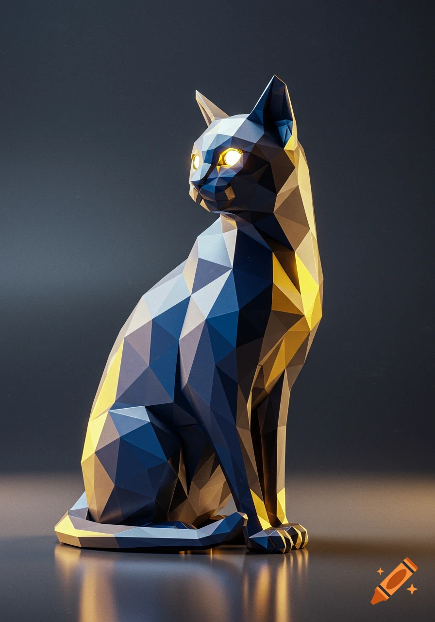 A geometric art sculpture of a cat with glowing yellow eyes, rendered in blue and gold polygons against a dark background.