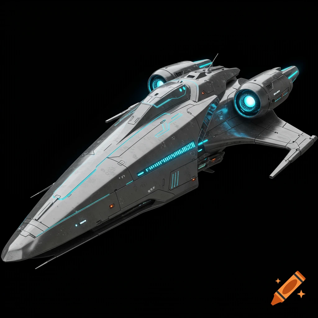 A sleek, dark gray futuristic spaceship with glowing blue accents and two large engines, against a black background.