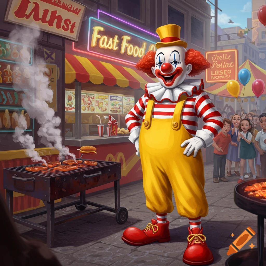 An illustrated clown resembling Ronald McDonald stands in front of a fast-food stand and a grill with food, a crowd in the background.