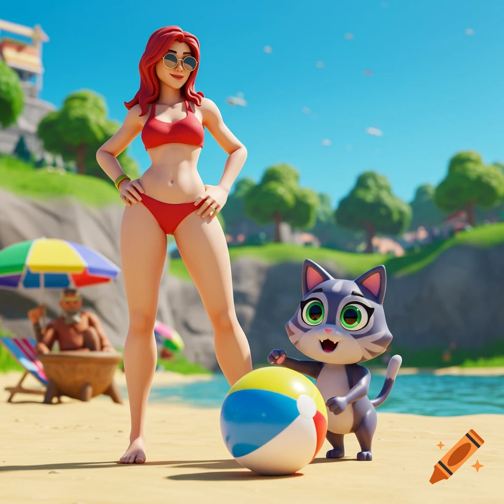 A stylized red-haired woman in a red bikini and sunglasses stands on a sunny beach with a gray cat playing with a beach ball, in a 3D Fortnite-like render.