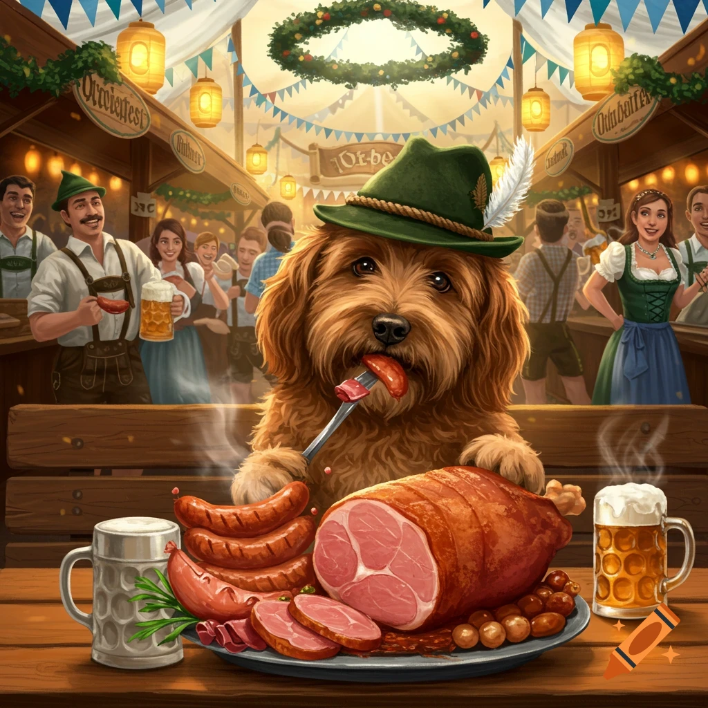 A cute brown dog in a green feathered hat eating sausage with a fork at a table laden with ham, sausages, and beer at a festive Oktoberfest.