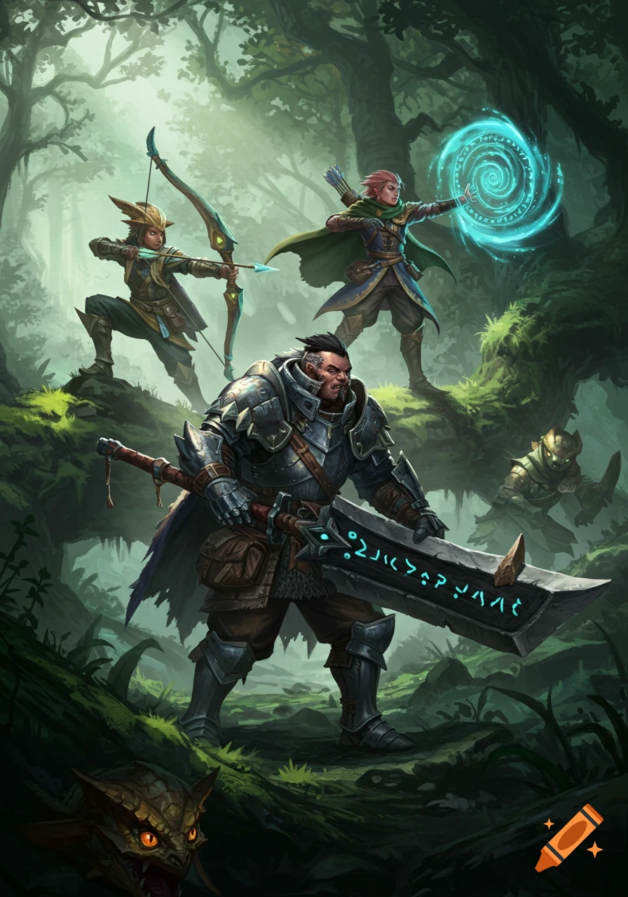 A fantasy party in a lush forest, with a heavily armored warrior holding a glowing runic sword, an archer, a magic user casting a spell, and two small monster-like creatures.