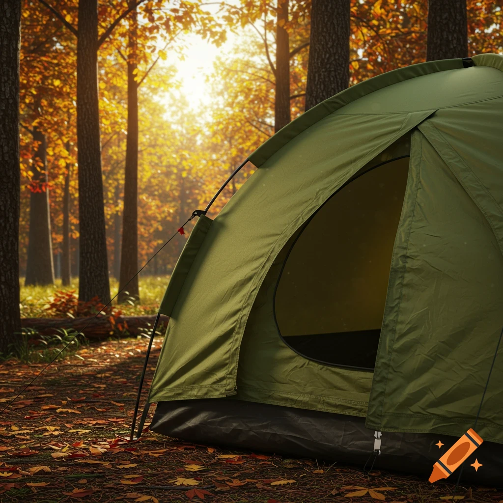 A green tent set up in an autumn forest with fallen orange leaves on the ground and sunlight filtering through the trees.