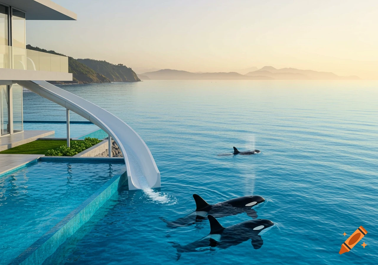 A modern house with a waterslide leading from an infinity pool into the ocean, where several orca whales swim with mountains in the distance.