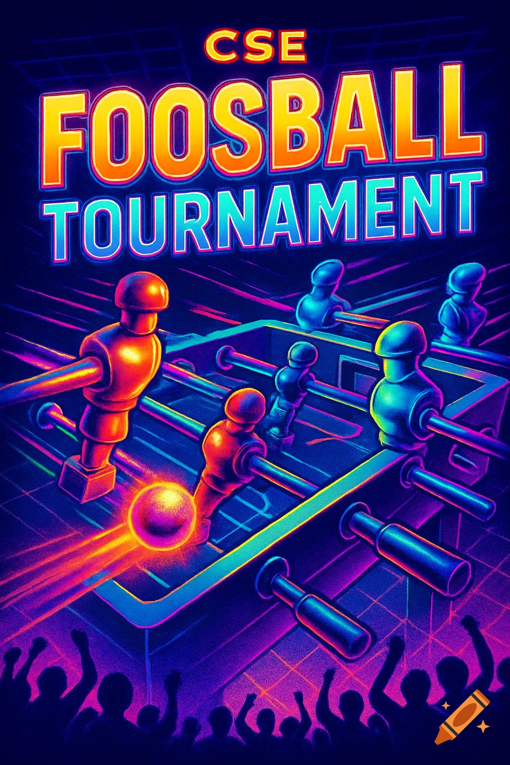 Vibrant neon poster for a CSE Foosball Tournament, featuring players on a glowing table with cheering crowd silhouettes.