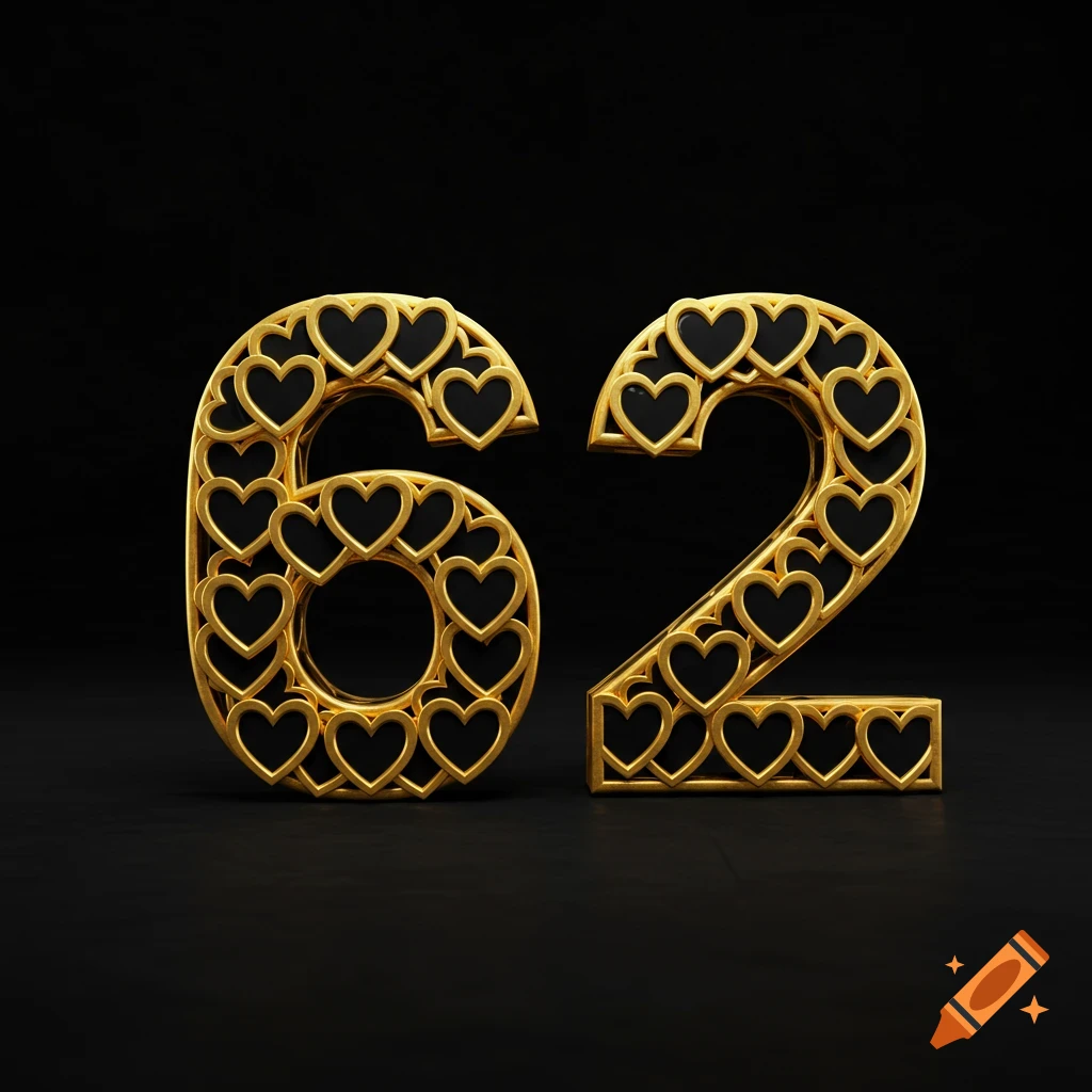Golden number 62 decorated with numerous black hearts, against a dark background.