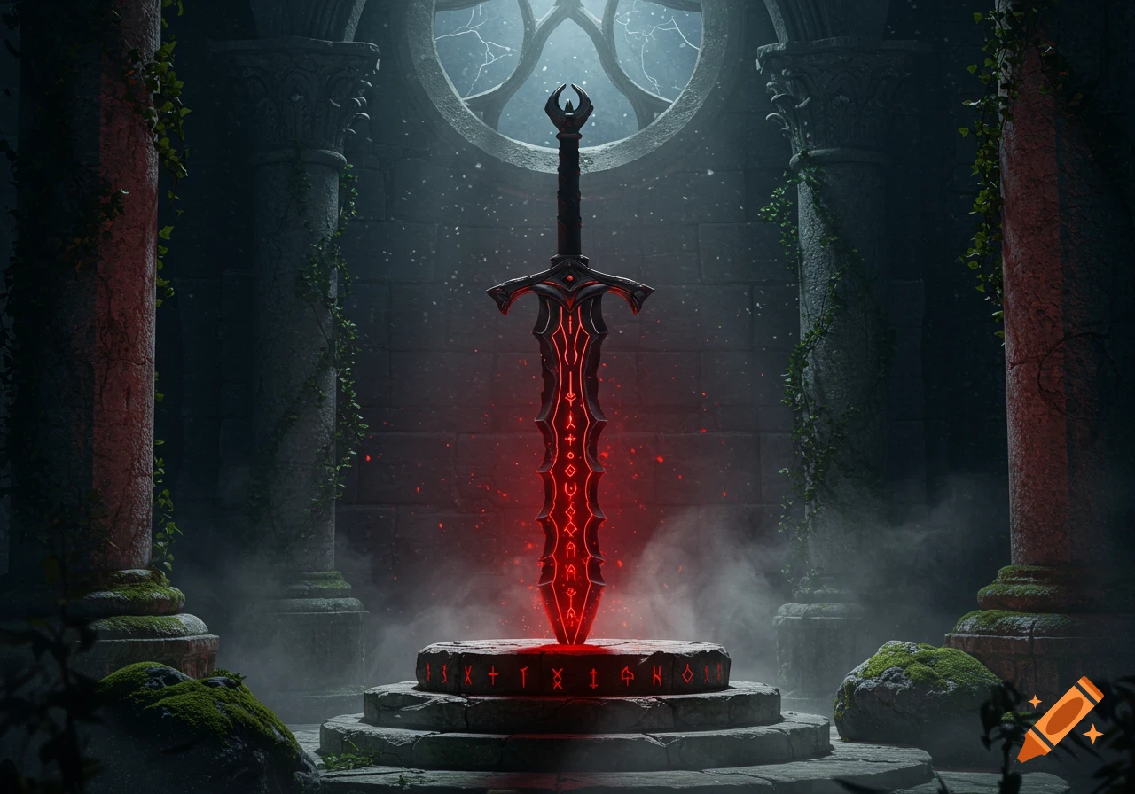 A dark fantasy scene featuring a glowing red runic sword impaled in a stone pedestal, surrounded by ancient pillars and mist.
