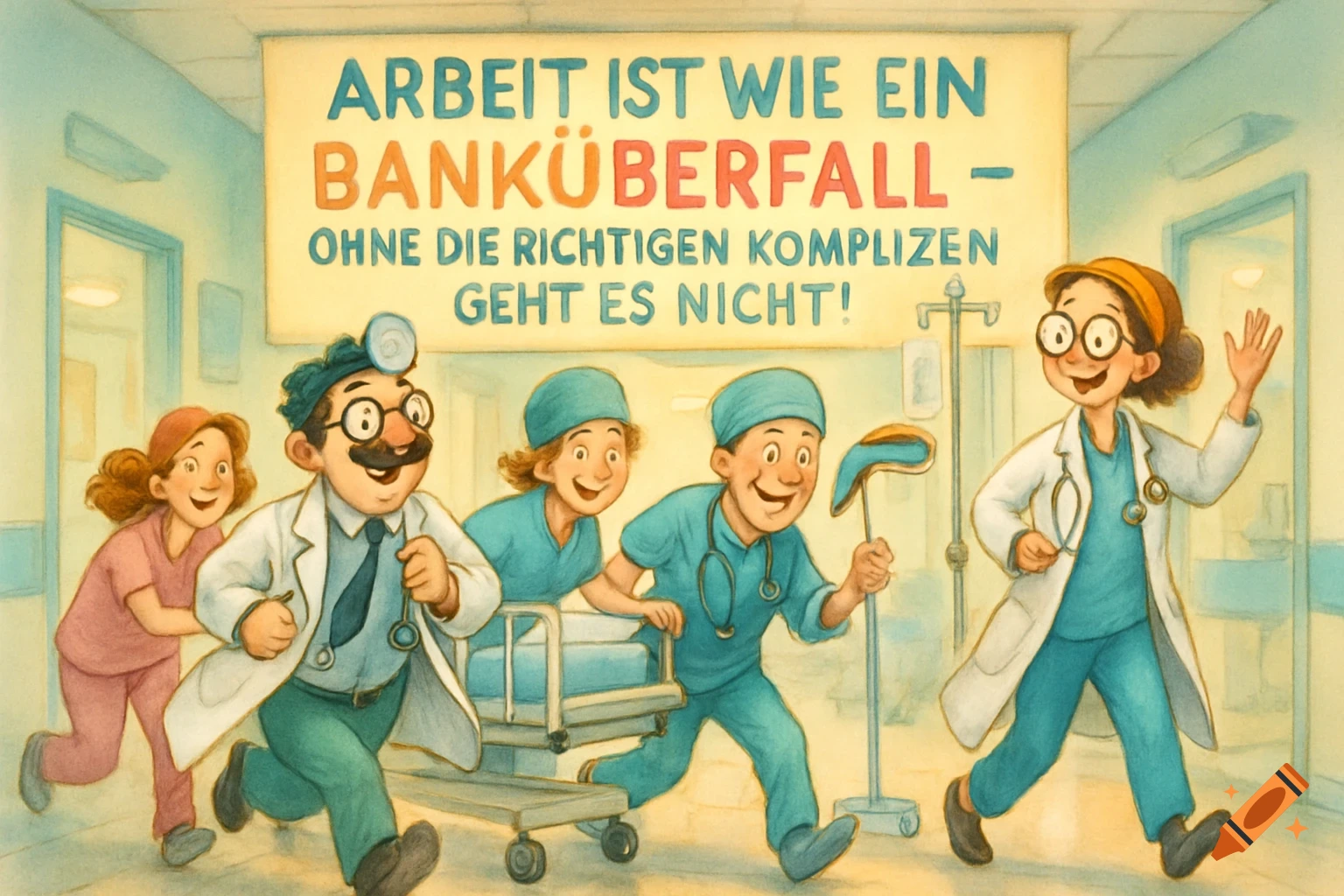 Cartoon doctors and nurses run in a hospital hallway under a banner with text about work and accomplices.