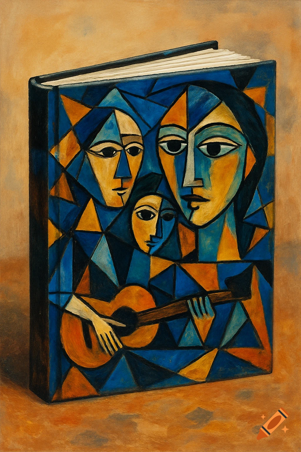Cubist art style book cover with three faces and a hand playing a guitar, in blue and orange geometric shapes.